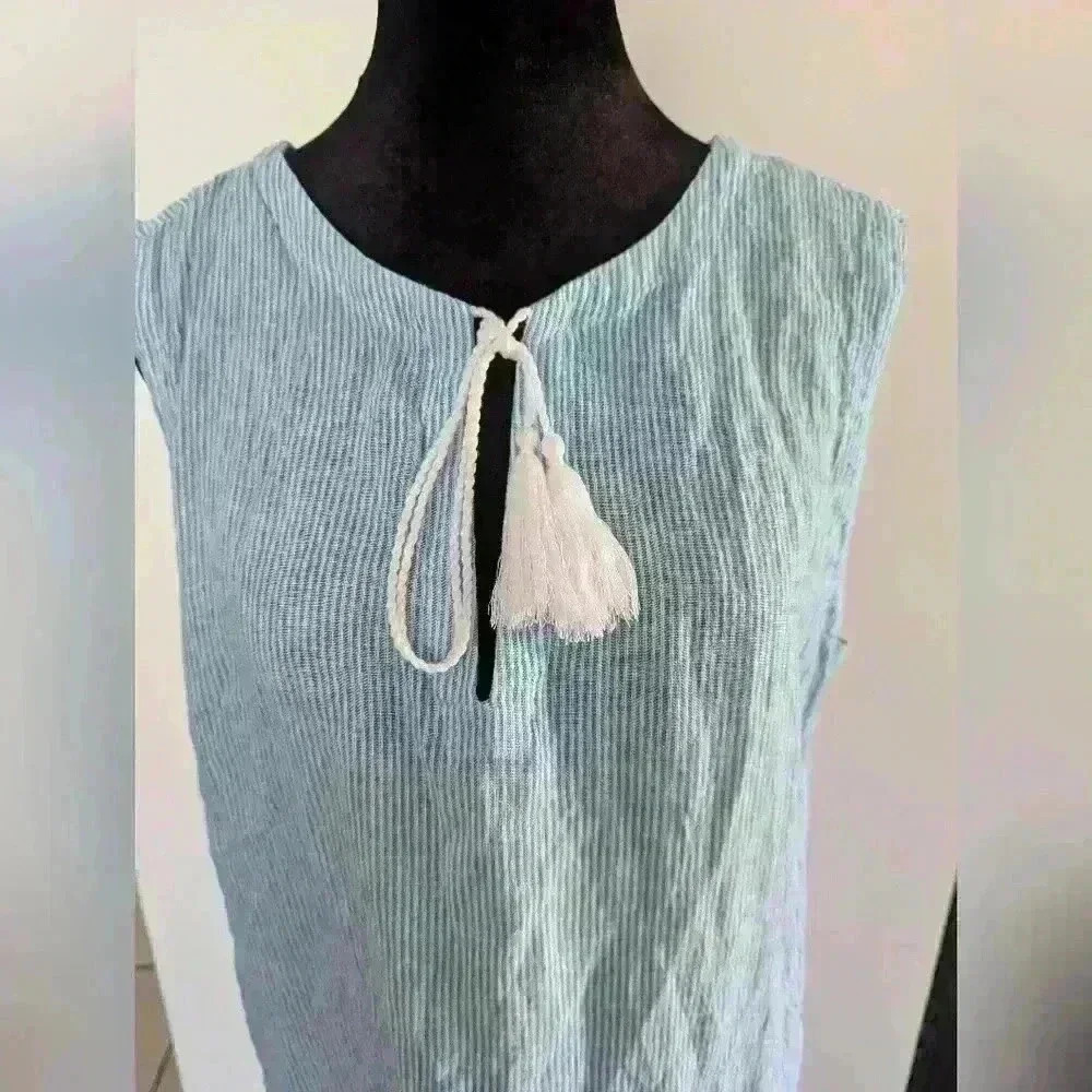 Tahari Women's Blue Striped Semi-Sheer Dress Cover-Up Size Medium Tassel Hem - Picture 2 of 12